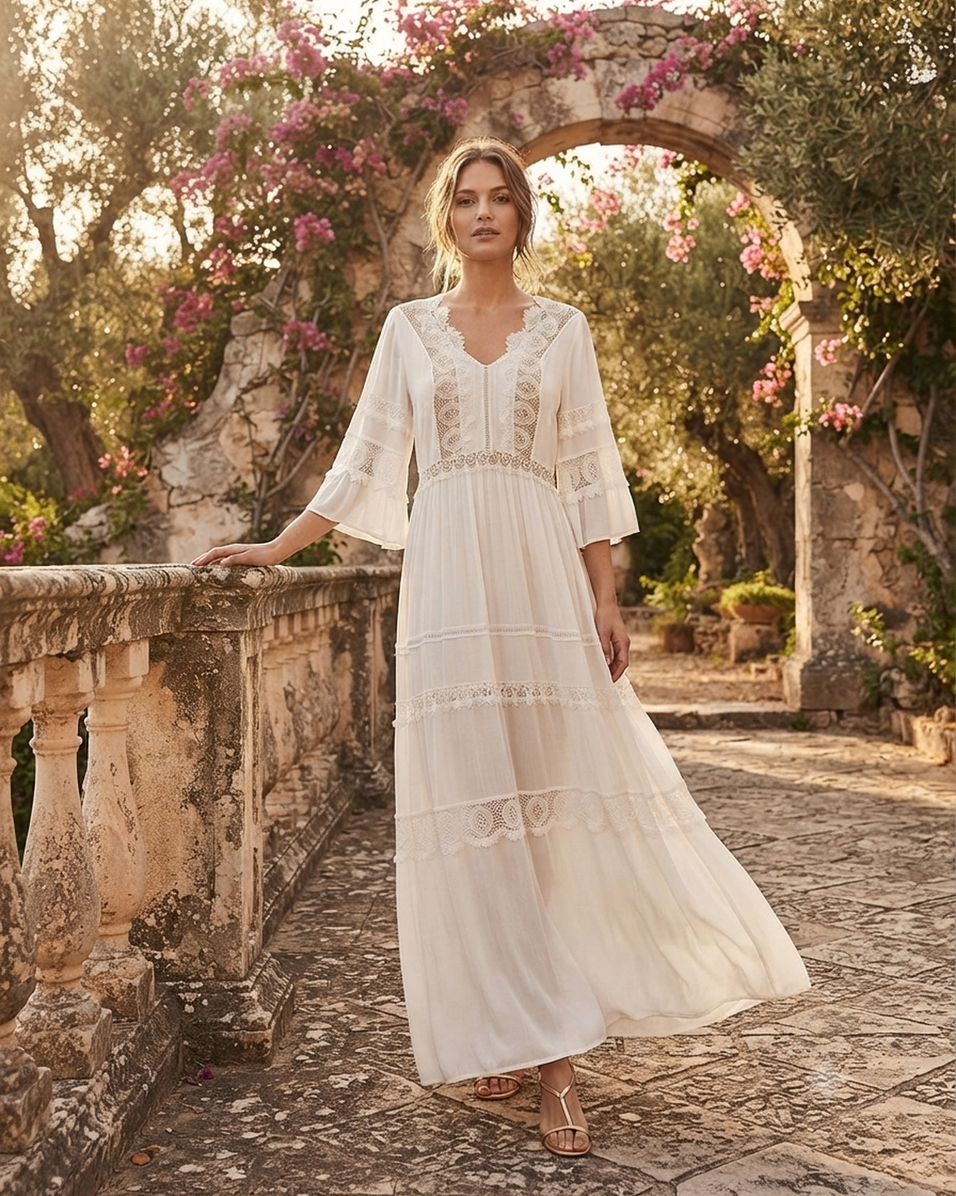 ZINAS WHITE DRESS – White Boho Maxi Dress with Lace Detail & Bell Sleeves – M