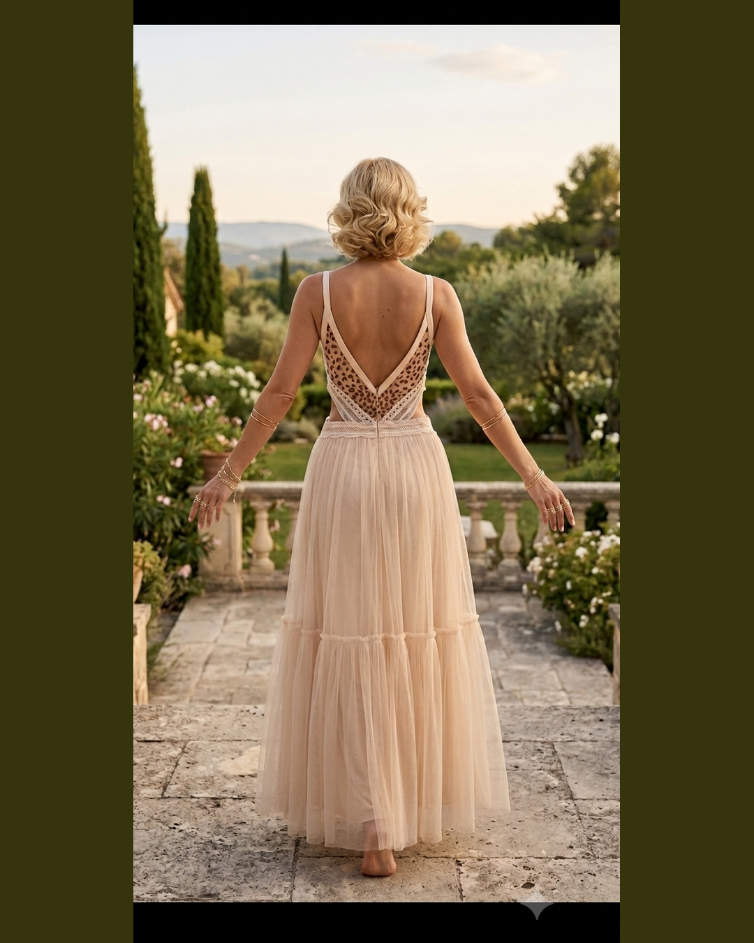 PINK TULLE MAXI DRESS – Rose gold strass bodice, open back & deep V-neck – Size M – Zinas Collection