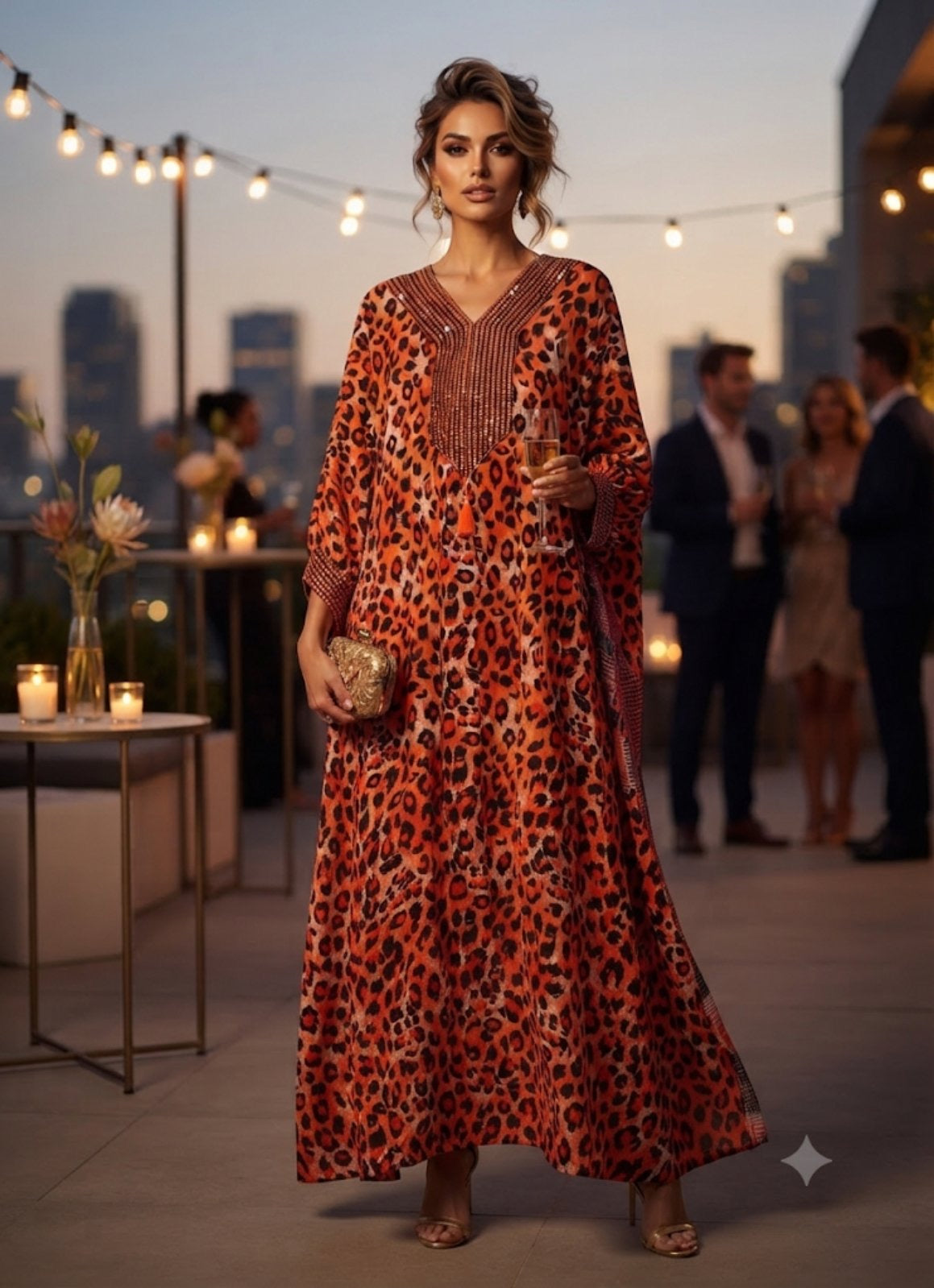 LEOPARDS DRESS – Leopard Print Dress with Rhinestone Neckline & Sleeve Trim – One Size