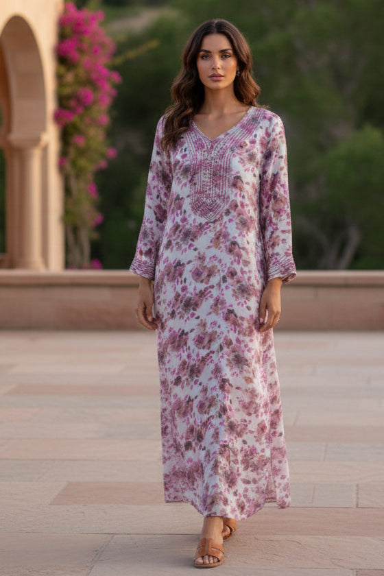 LILAC GARDEN MAXI DRESS – Purple Floral Print Maxi Dress with Embroidered Neckline – One Size