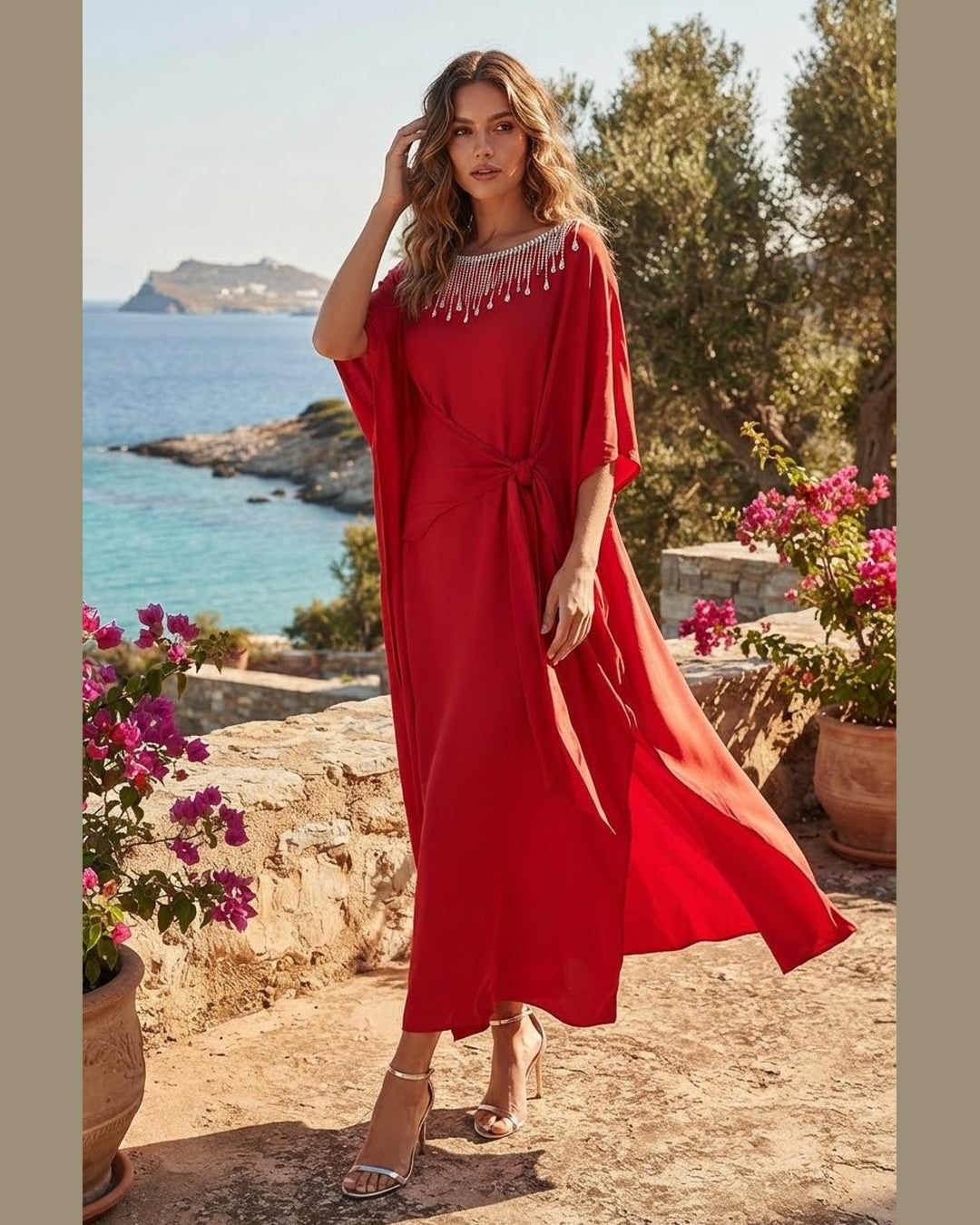 RED DUBAI SILK | Crystal Fringe Kaftan
