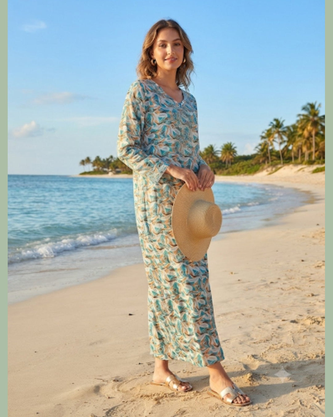 TROPICAL MAXI DRESS – Teal Leaf Print Maxi Dress with Rhinestone Neckline & Sleeve Trim – One Size