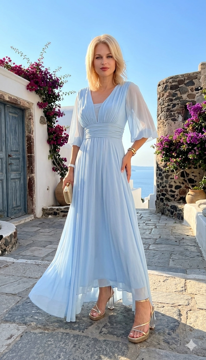 SKY BLUE CHIFFON MAXI DRESS | godivagr.com