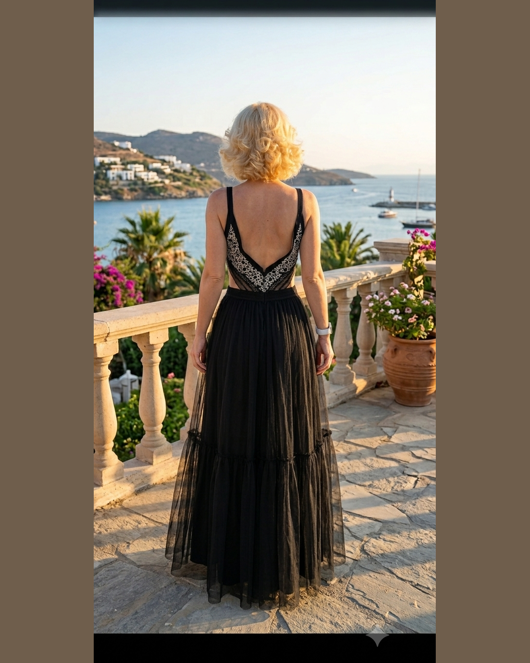 BLACK TULLE MAXI DRESS – Gold strass geometric bodice & deep V-neck – Size M – Zinas Collection