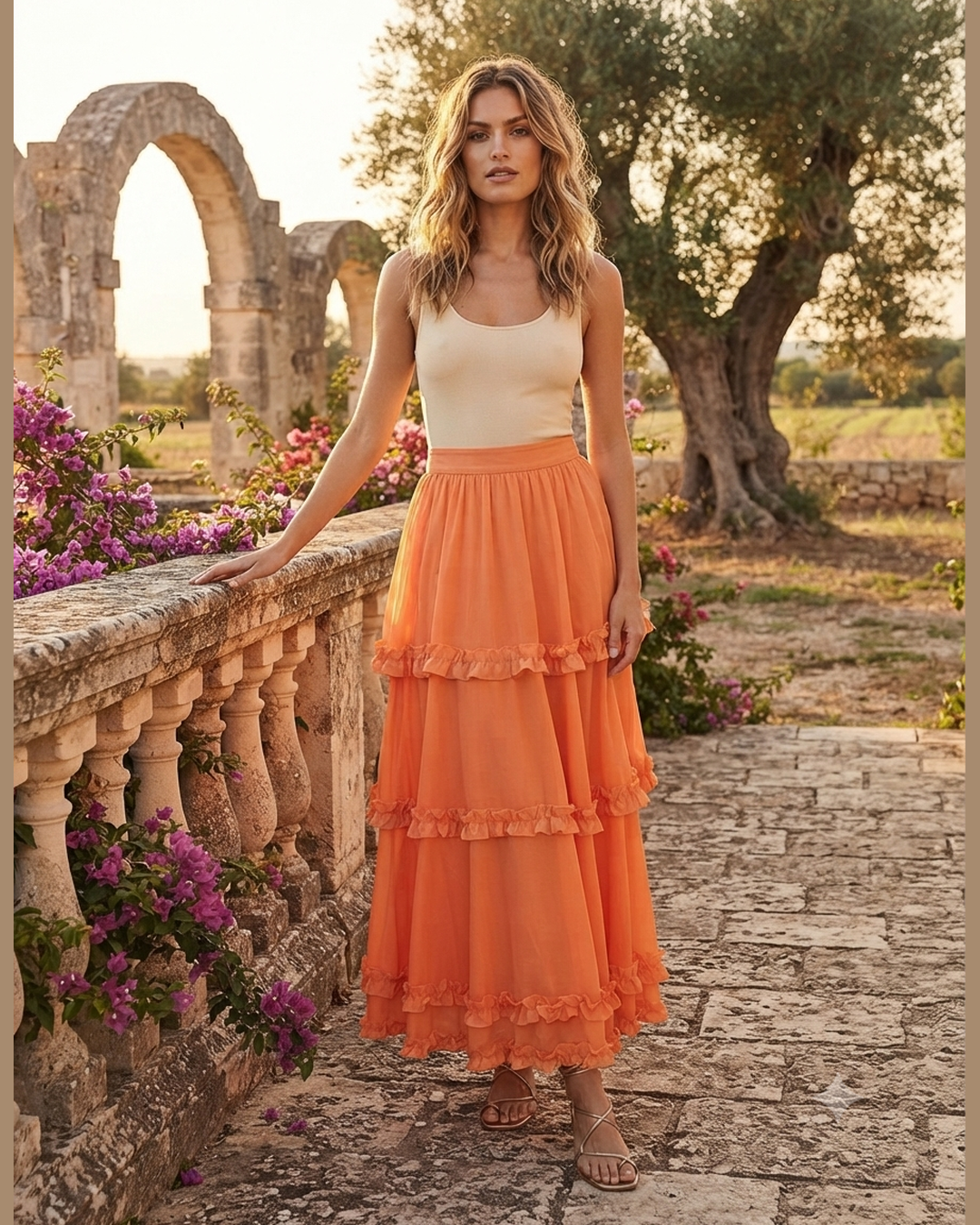 ZINAS ORANGE SKIRT – Orange Tiered Ruffle Maxi Skirt – One Size