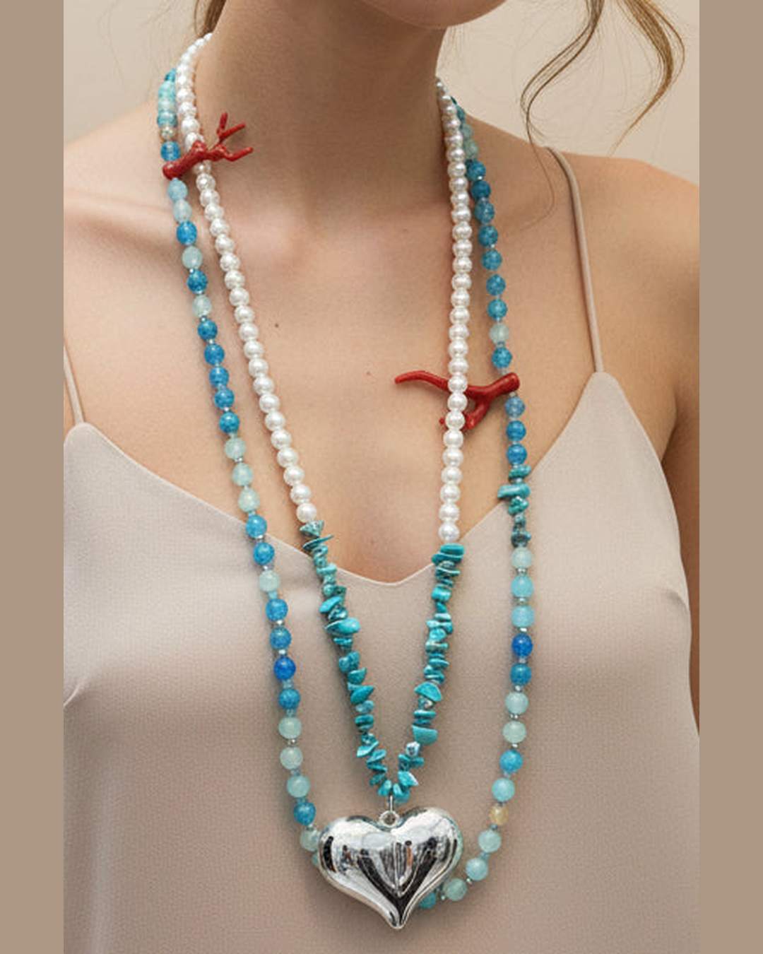 HEART PEARL NECKLACE | Ασημένια Καρδιά με Περλίτσες & Azur Πέτρες