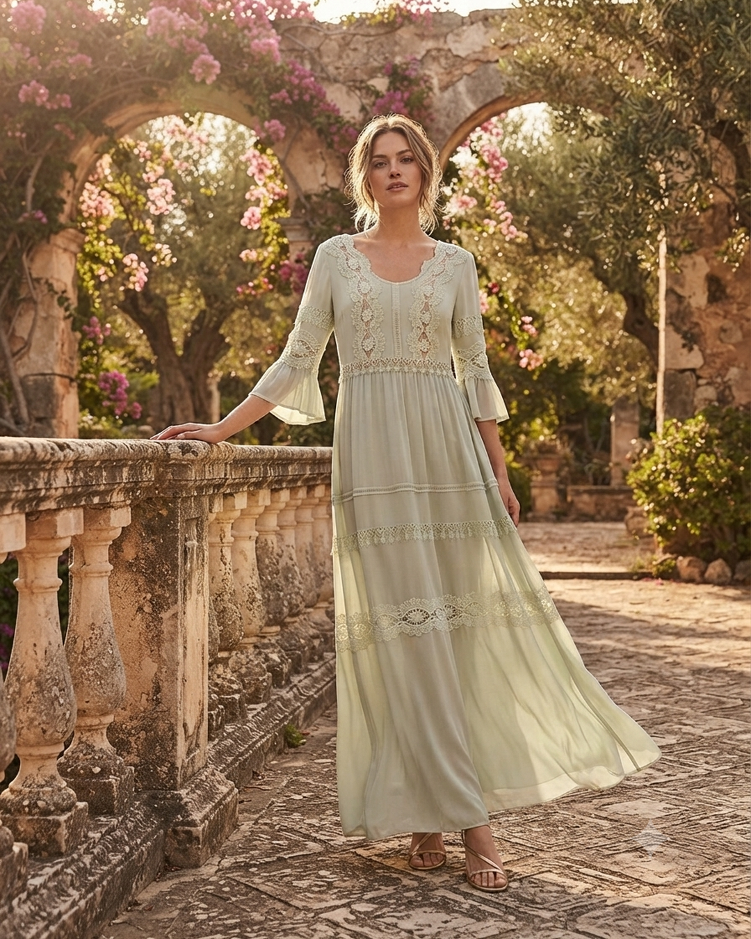ZINAS LONG PISTACHIO DRESS – Sage Green Boho Maxi Dress with Lace Detail & Bell Sleeves – M