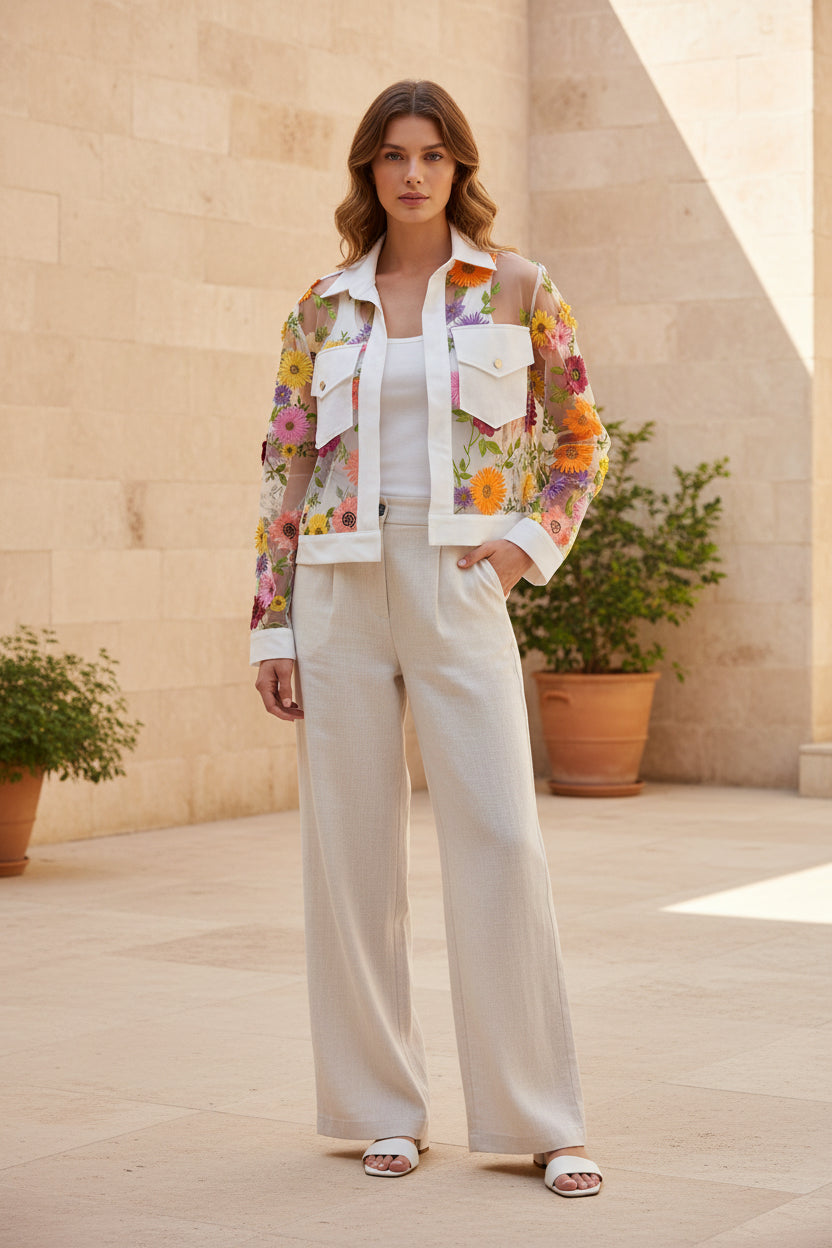 GARDEN SHEER JACKET – White Floral Embroidered Sheer Jacket with Contrast Trim – One Size