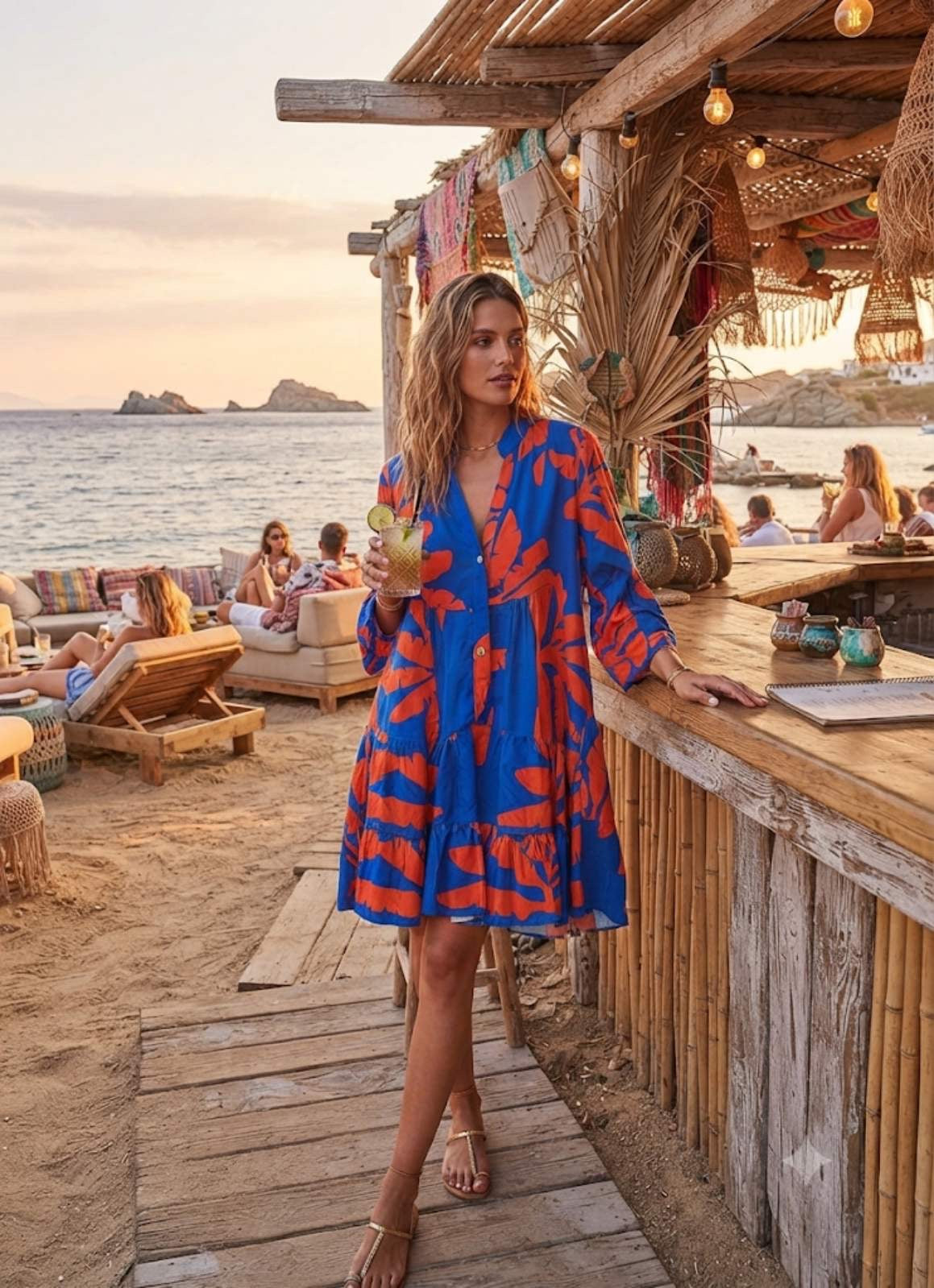 IBIZA DRESS – Blue & Orange Tropical Print Mini Dress – One Size