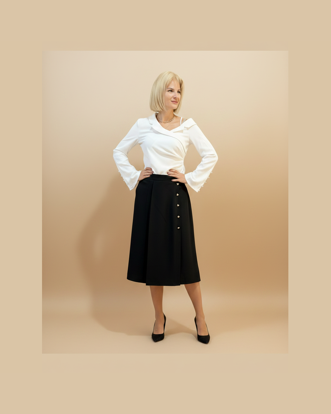 PEARL WRAP TOP | White Crossover Blouse with Pearl Sleeve Detail