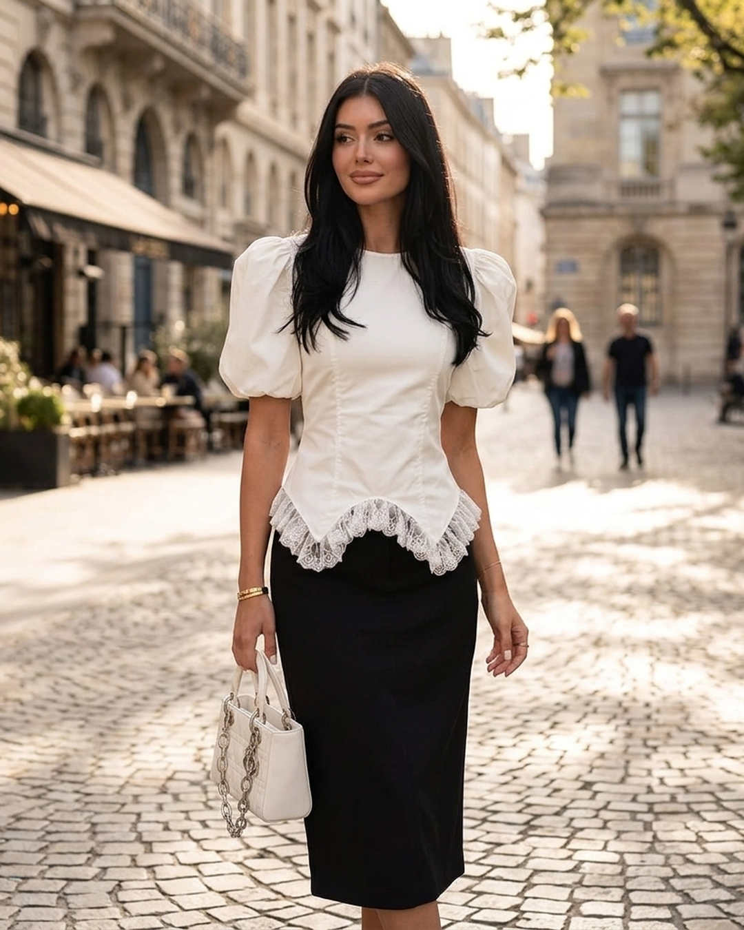 WHITE RUFFLE PUFF SLEEVE TOP – Lace hem & back ties – One size