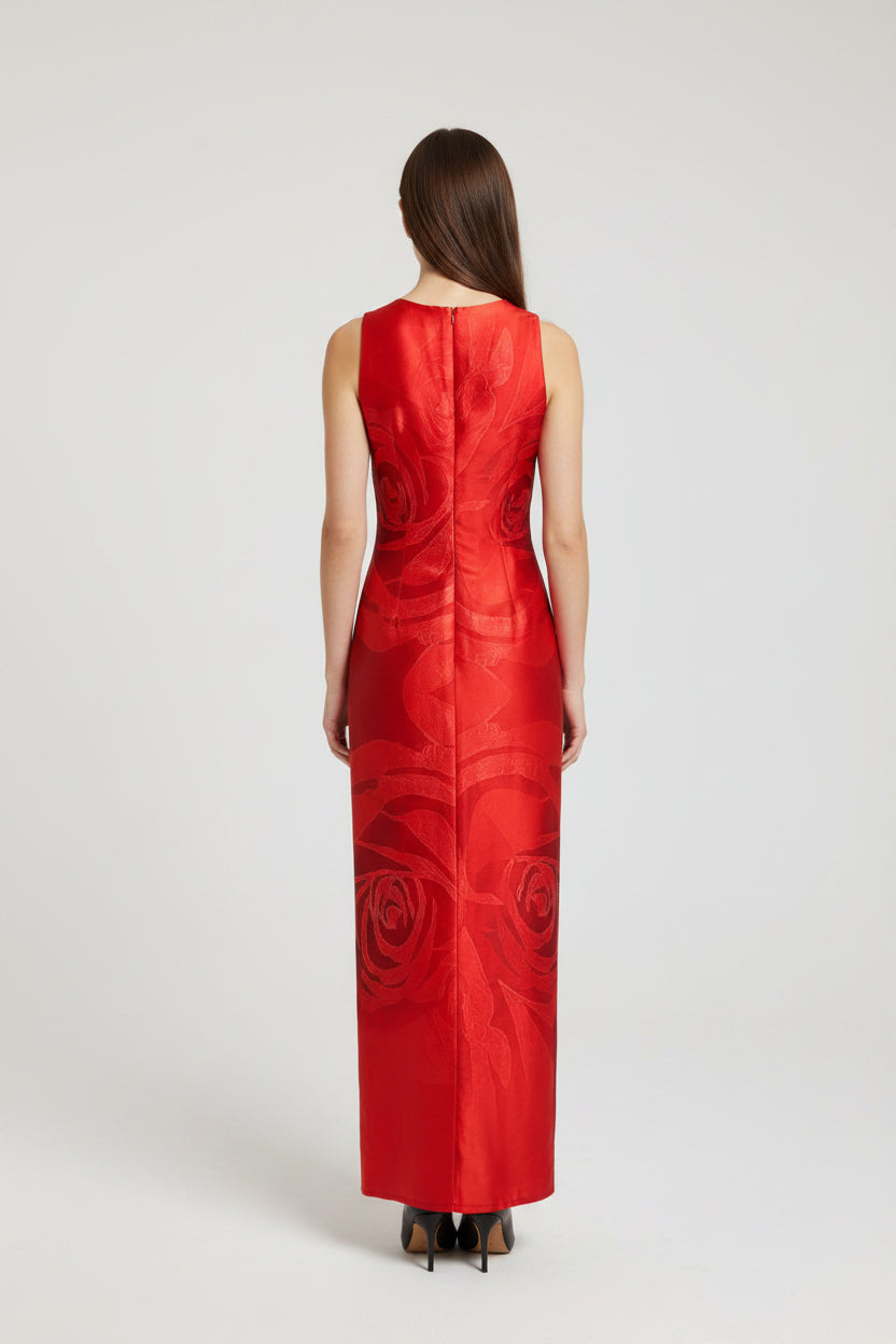 RED ROSE MAXI DRESS | Κόκκινο Φόρεμα με Rose Print