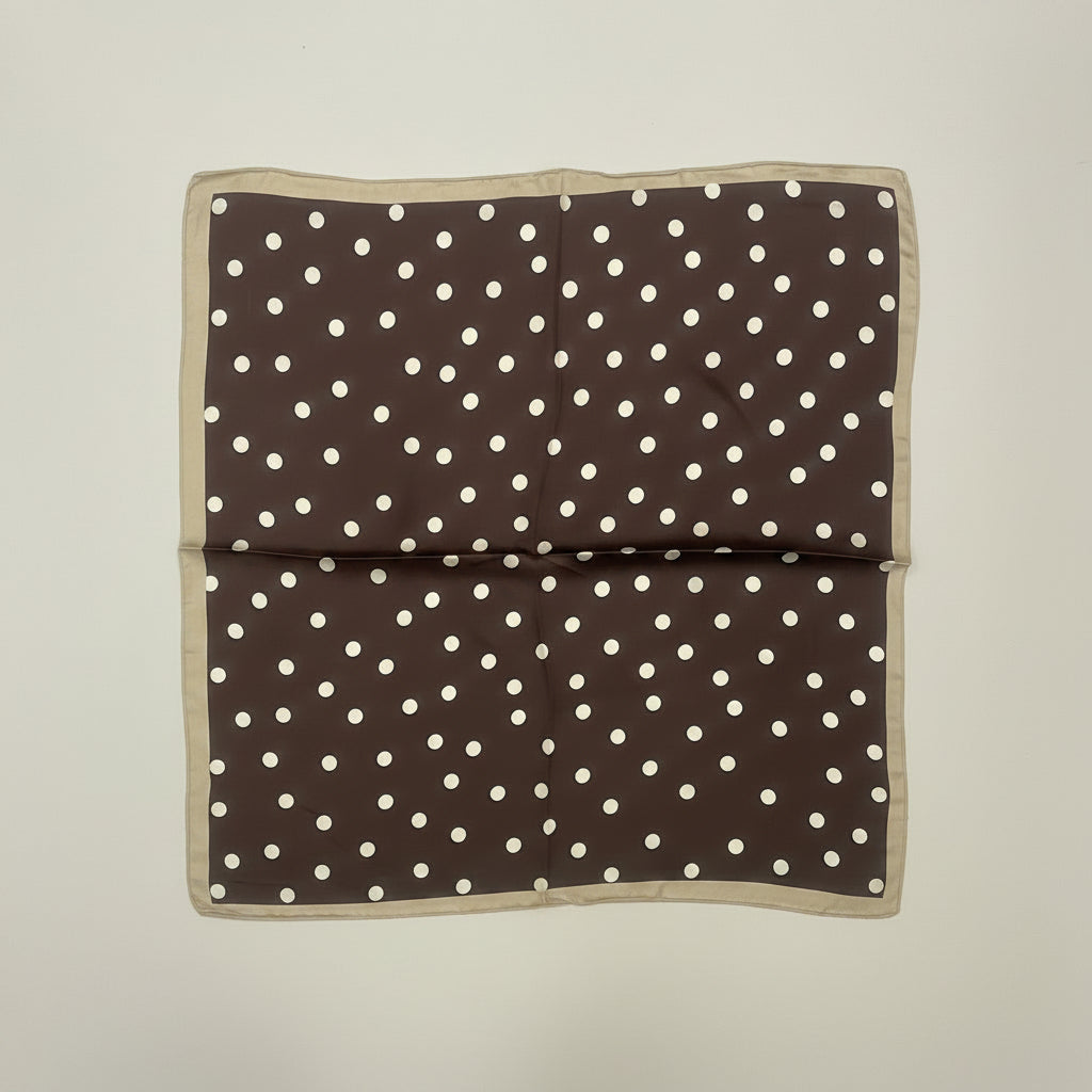 POLKA DOT SCARF | Brown with White Dots & Beige Border 64x64cm