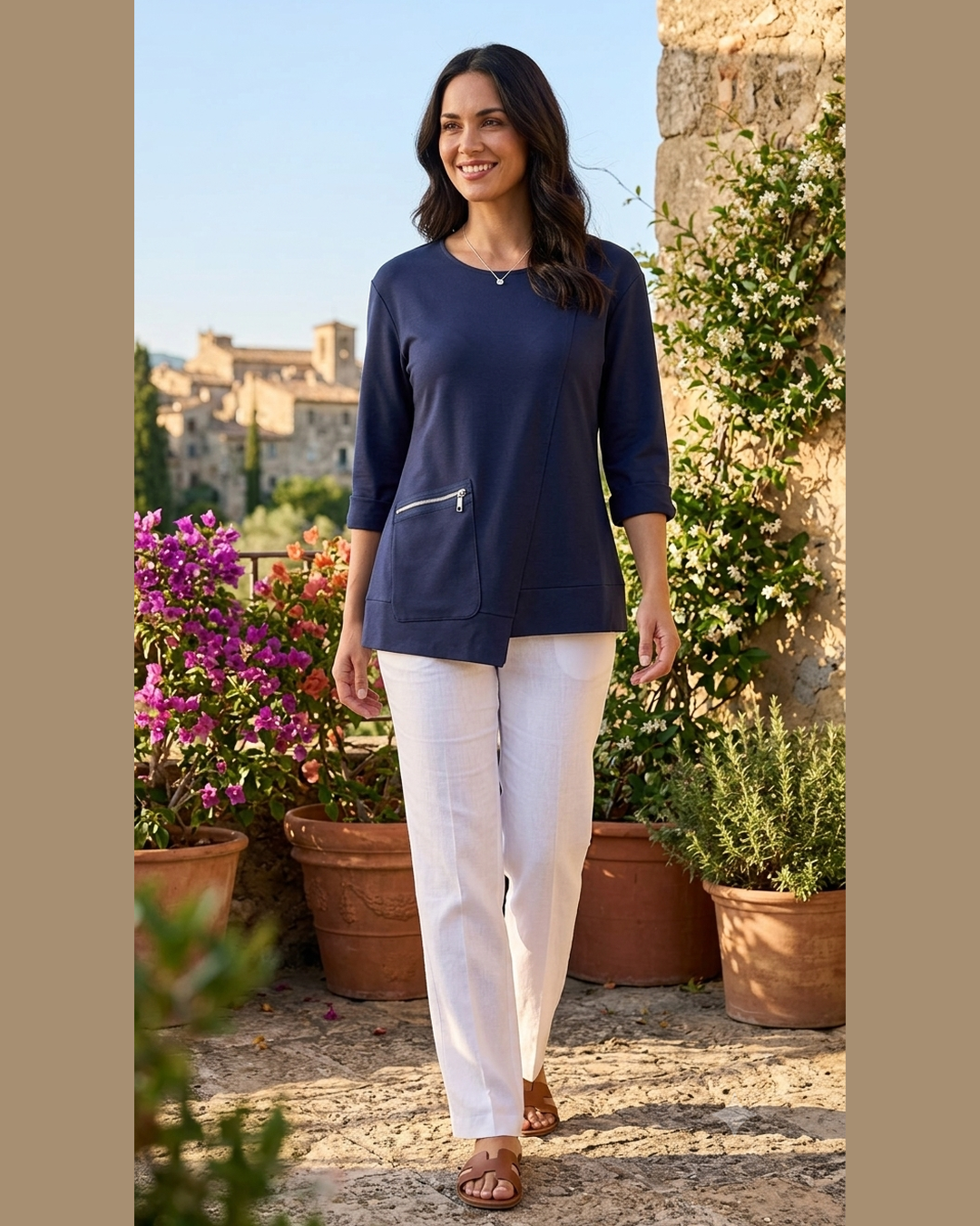 NAVY TUNIC TOP – 3/4 sleeves, zip pocket & asymmetric hem – One size