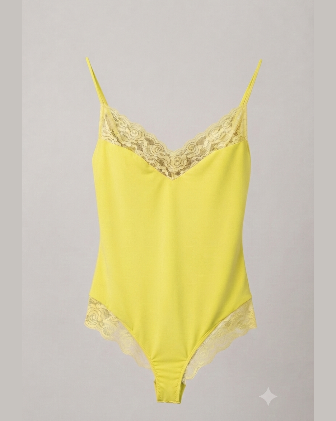 YELLOW LACE BODYSUIT – Lime Yellow Lace-Trim V-Neck Bodysuit with Spaghetti Straps – One Size