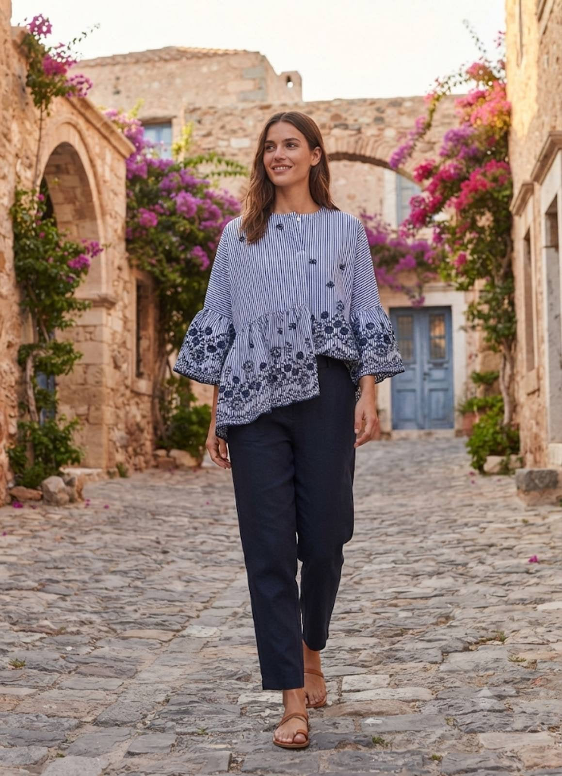 AEGEAN | Striped Embroidered Bell Sleeve Blouse – One Size
