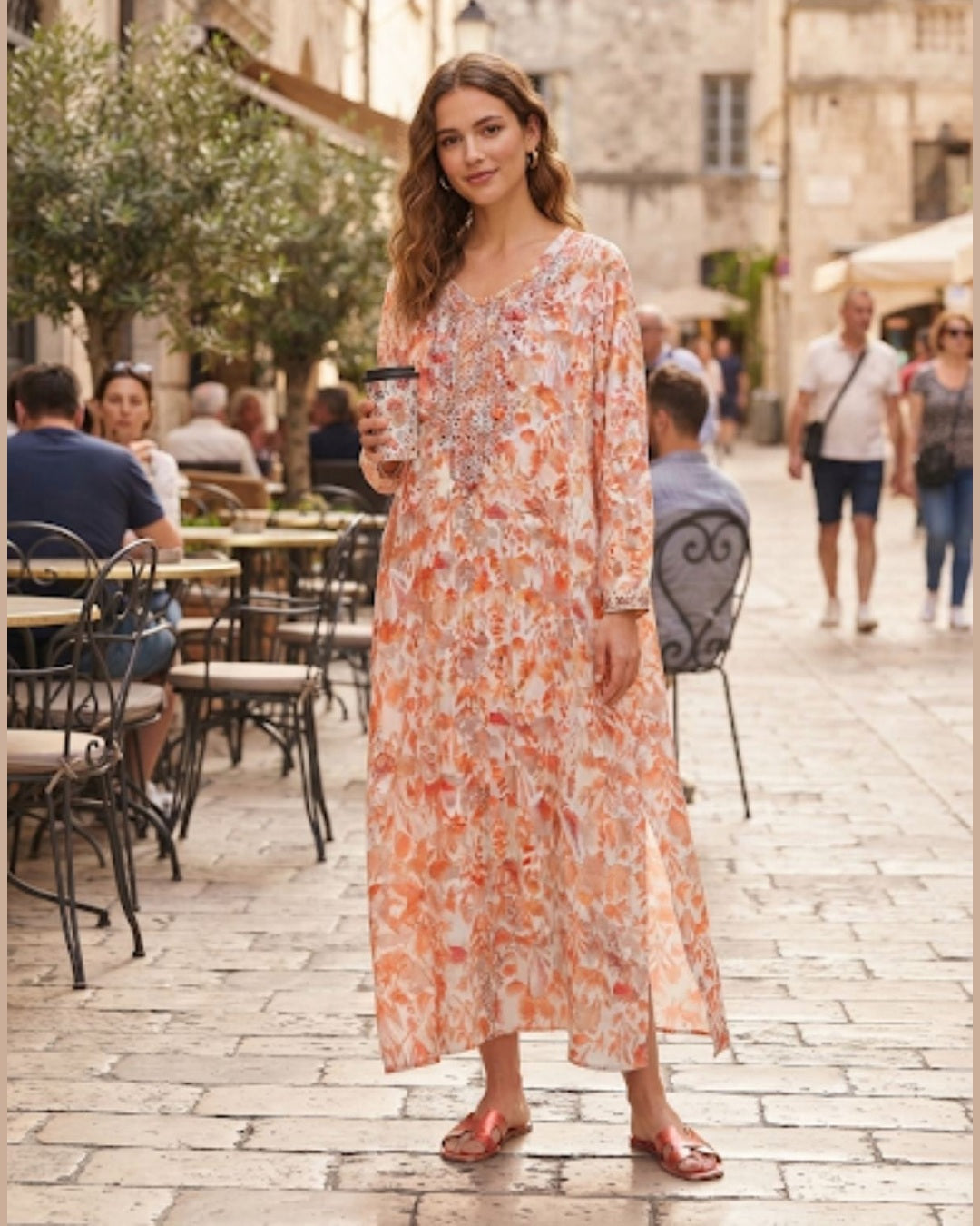 PEACH BLOSSOM MAXI DRESS – Coral Floral Print Maxi Dress with Embroidered Neckline – One Size