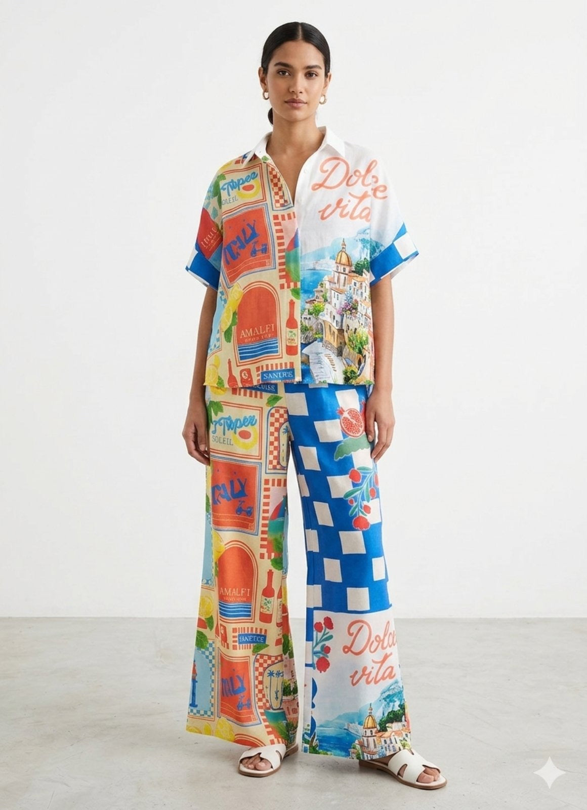 DOLCE VITA AMALFI SET – Graphic print shirt & wide-leg pants – One Size