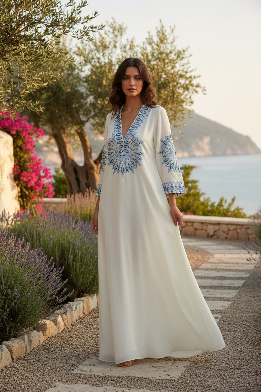 WHITE MANDALA KAFTAN | Embroidered & One Size