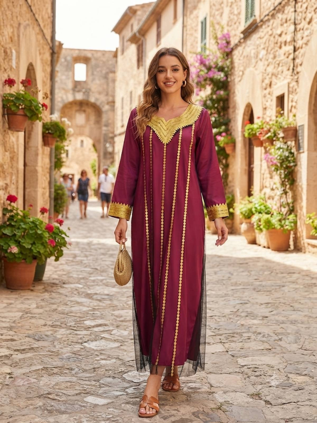 BORDEAUX MAXI DRESS – Burgundy Maxi Dress with Gold Embroidery & V-Neckline – One Size