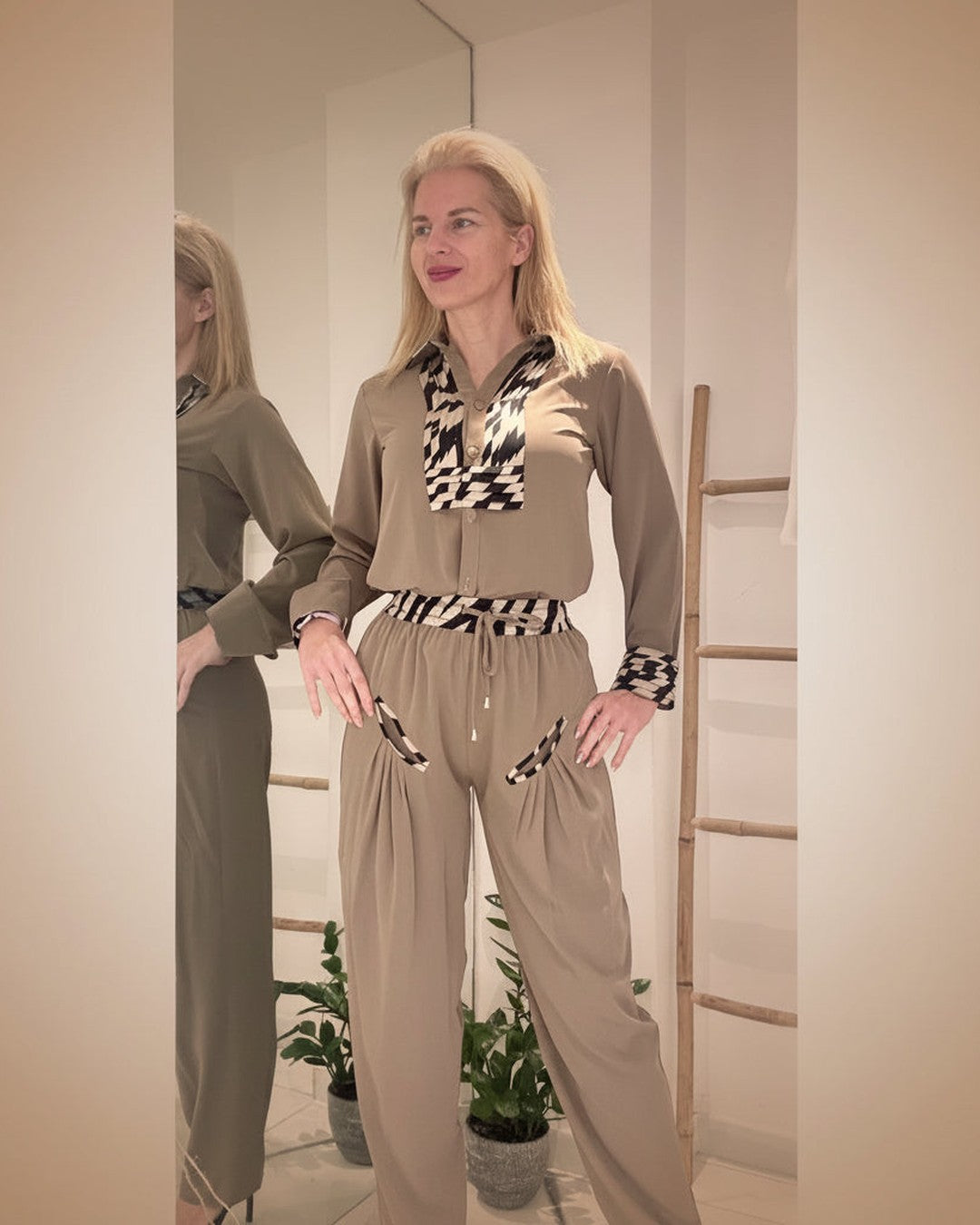 CIGAR OVERSIZED SHIRT | Μπεζ Oversized Πουκάμισο με Ασπρόμαυρες Λεπτομέρειες Size S