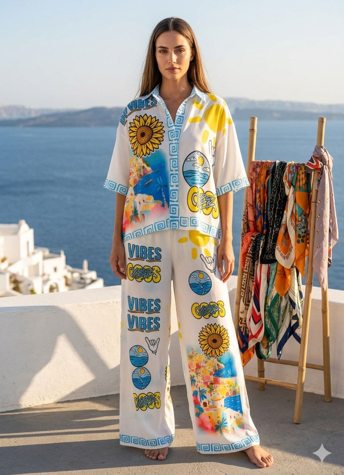 SANTORINI VIBES SET – Graphic print shirt & wide-leg pants – One Size