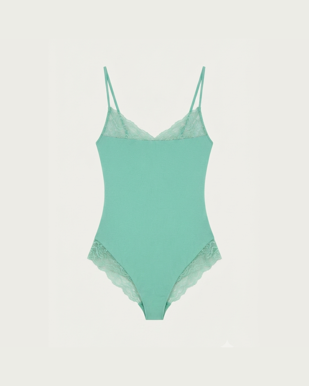 MINT LACE BODYSUIT – Teal Lace-Trim V-Neck Bodysuit with Spaghetti Straps – One Size