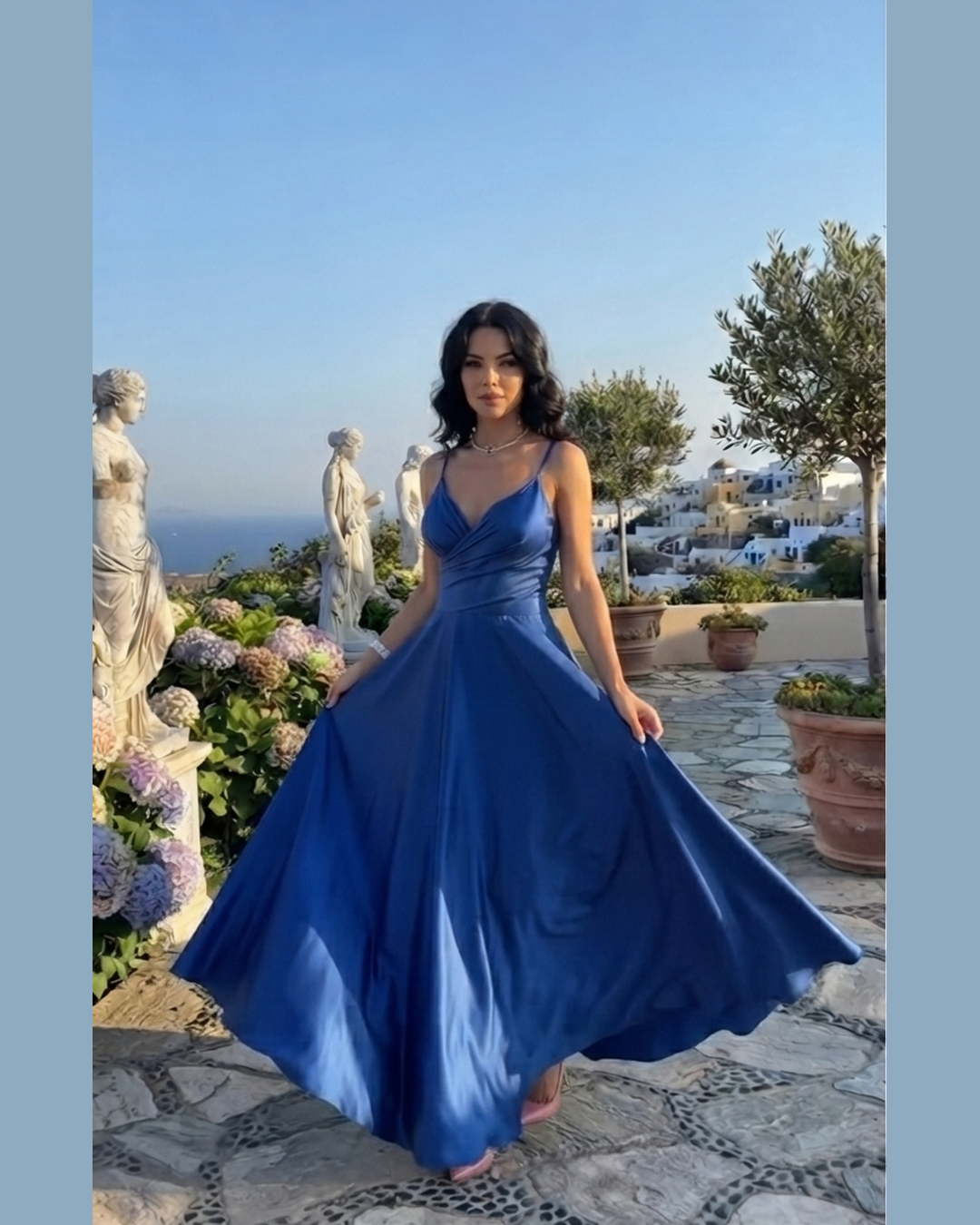 ATHENA DRESS – Royal Blue Satin V-Neck A-Line Maxi Dress – One Size