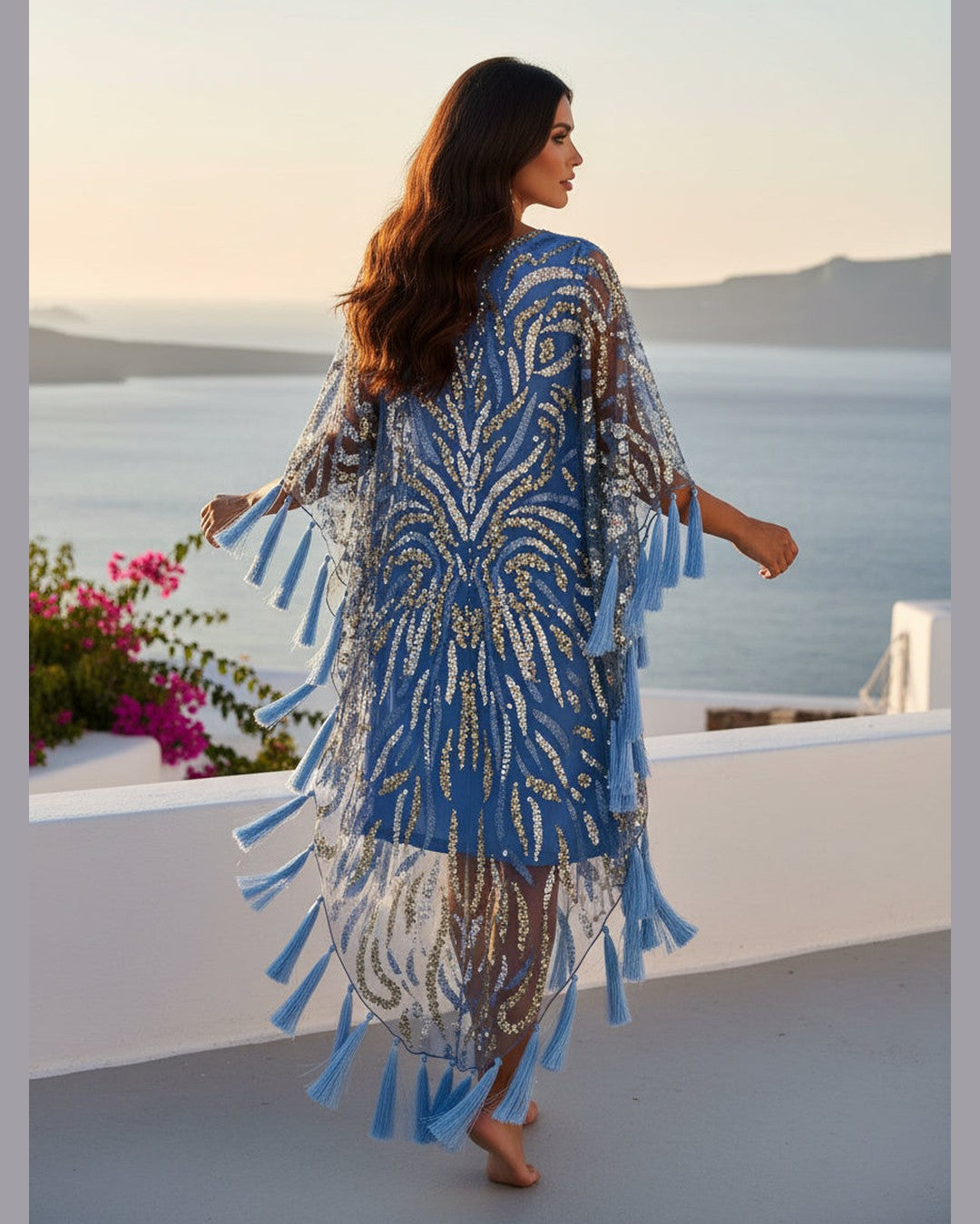 BLUE SEQUIN TASSEL KAFTAN | Embellished & One Size