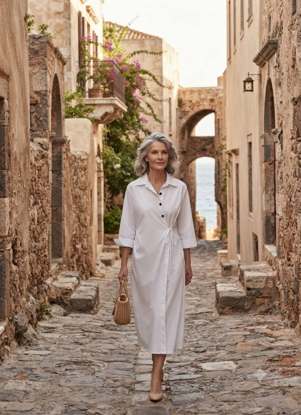 LEFKADA DRESS – White Wrap-Detail Midi Shirt Dress – One Size