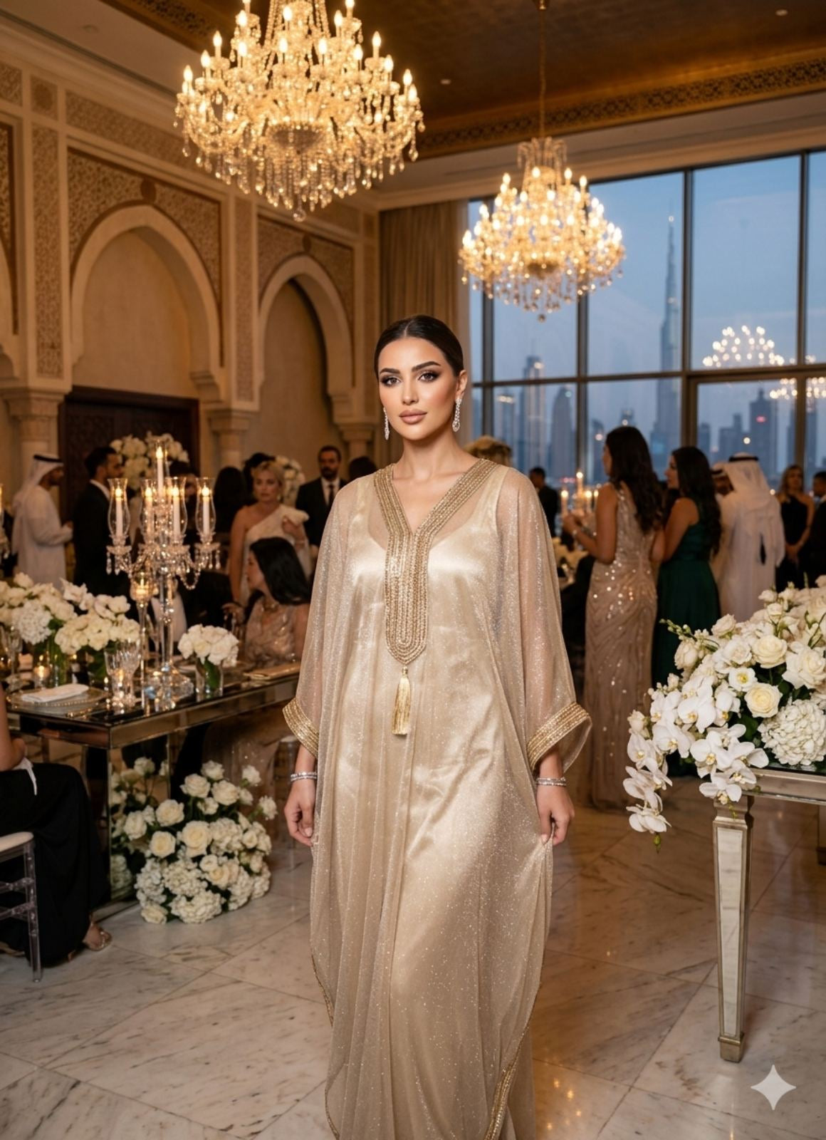 GOLD KAFTAN MAXI DRESS – Sheer overlay & gold embellishments – One Size