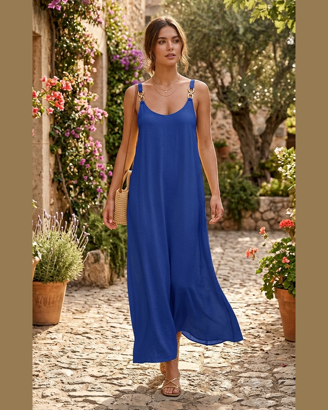 ROYAL BLUE MAXI DRESS – Gold ring straps & flowy silhouette – One size