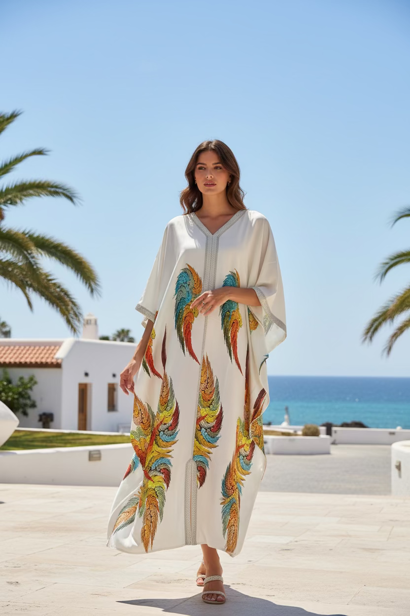 PARADISE KAFTAN – White Tropical Feather Print Kaftan Dress with Inner Belt – One Size