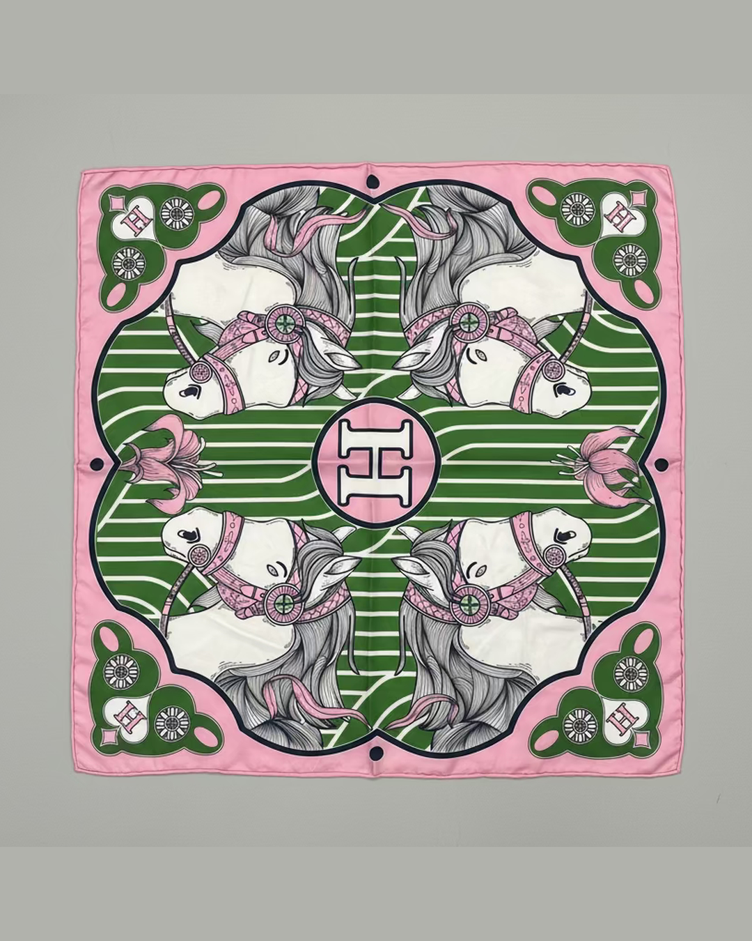 EQUESTRIAN MEDALLION SCARF | Green & Pink Horse Print 64x64cm