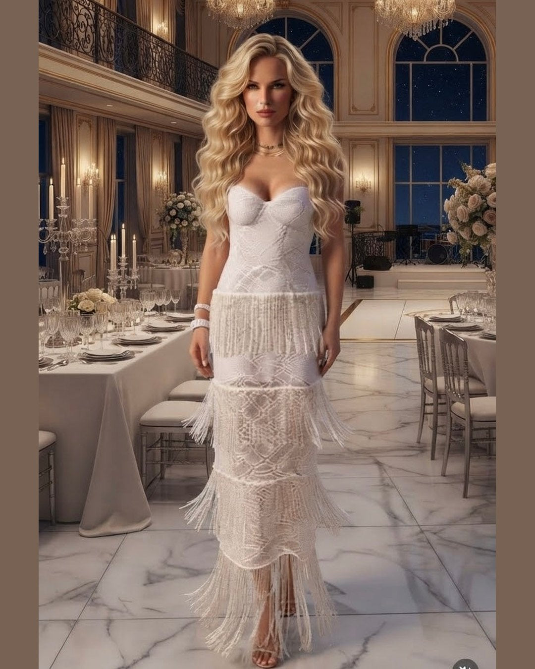 WHITE FRINGE | Lace & Crystal Fringe Strapless Maxi Dress – M