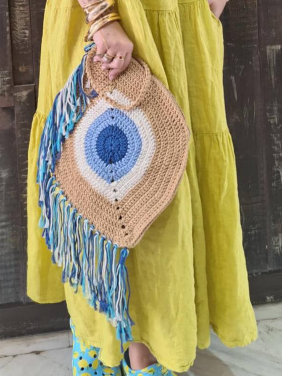 EYE SUMMER KNIT BAG | Πλεκτή Τσάντα με Μάτι & Λευκόβλε Κρόσια