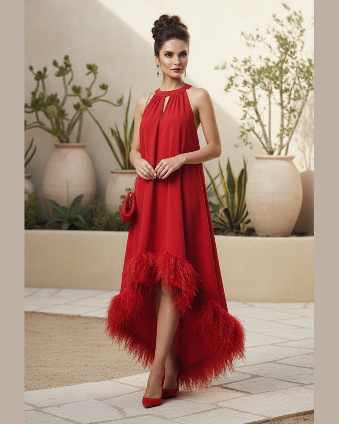 SCARLET FEATHER MAXI DRESS – Red Halter Maxi Dress with Feather Hem & Keyhole Neckline – One Size