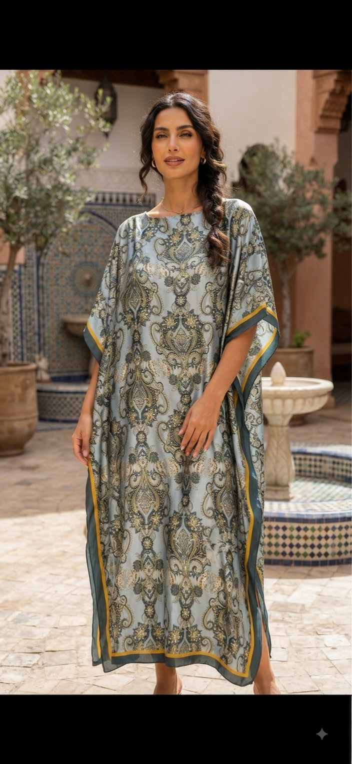 KEFALLONIA KAFTAN – Sage Green Baroque Print Maxi Kaftan with Gold Border – One Size