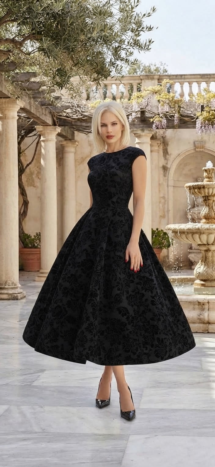 BLACK VELVET | Floral 50s Midi Dress