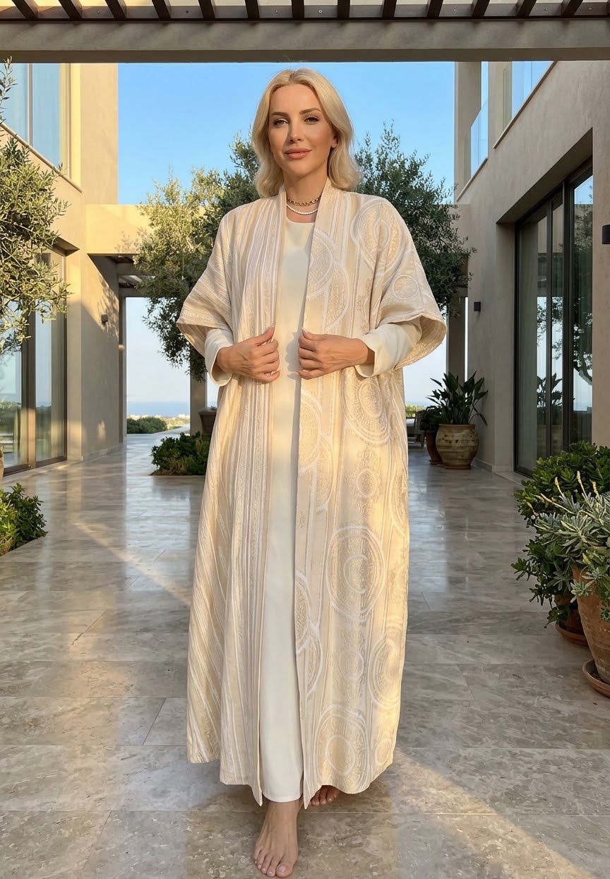 DUBAI PEARL | Cream Jacquard Kimono & Maxi Dress Set