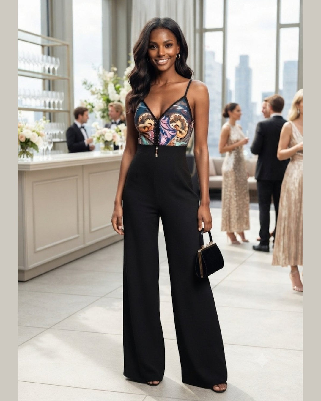 FIESTA JUMPSUIT – Black Wide-Leg Floral Bustier Jumpsuit – One Size