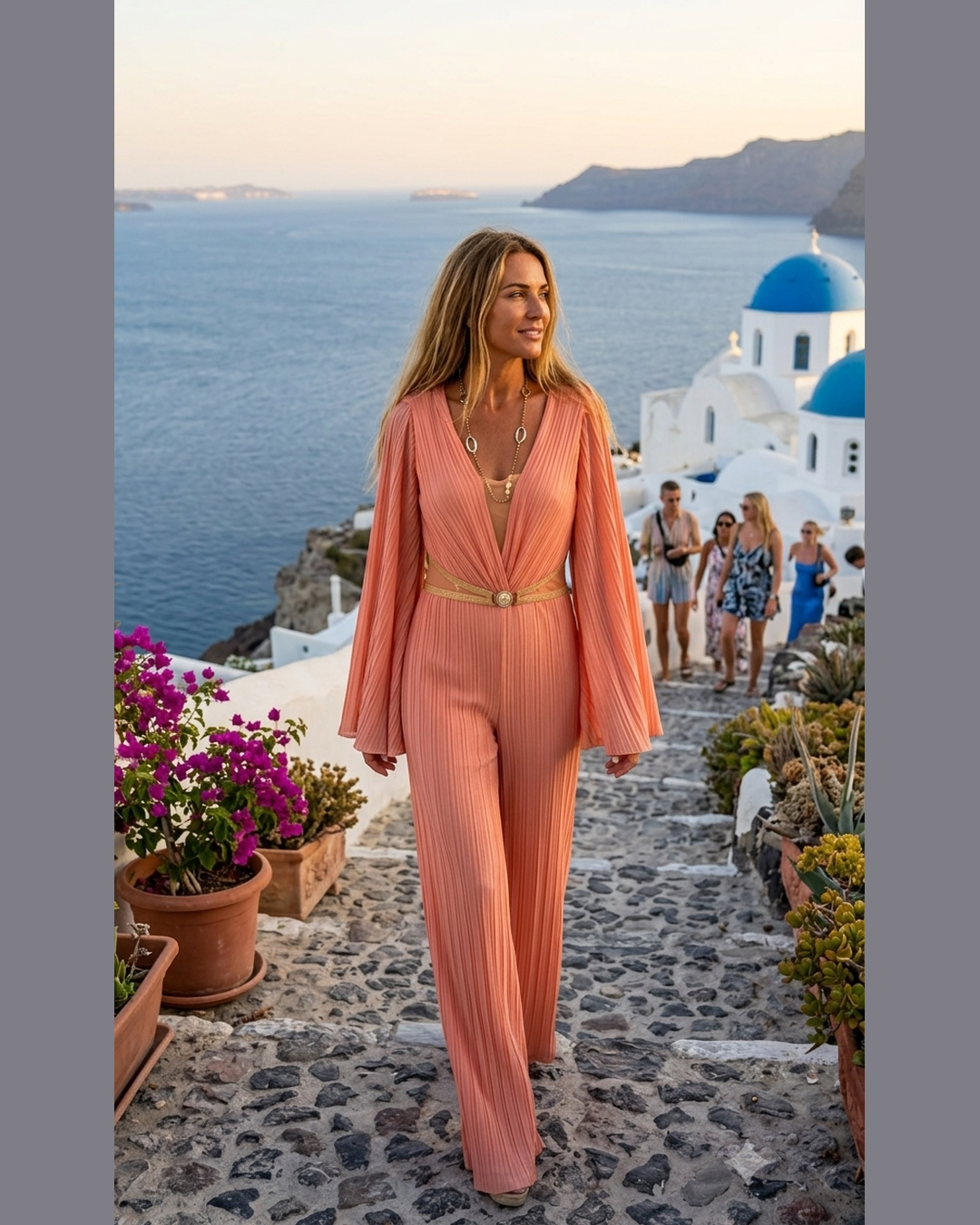 AURORA JUMPSUIT – Salmon Pleated Wide-Leg Jumpsuit with Bell Sleeves – M