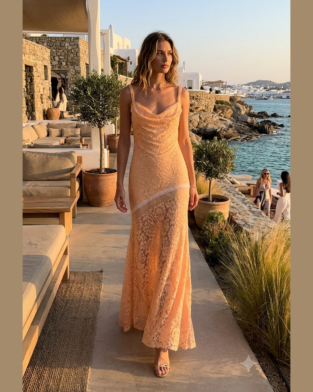 SUNSET DRESS – Peach Lace Cowl Neck Maxi Dress – One Size