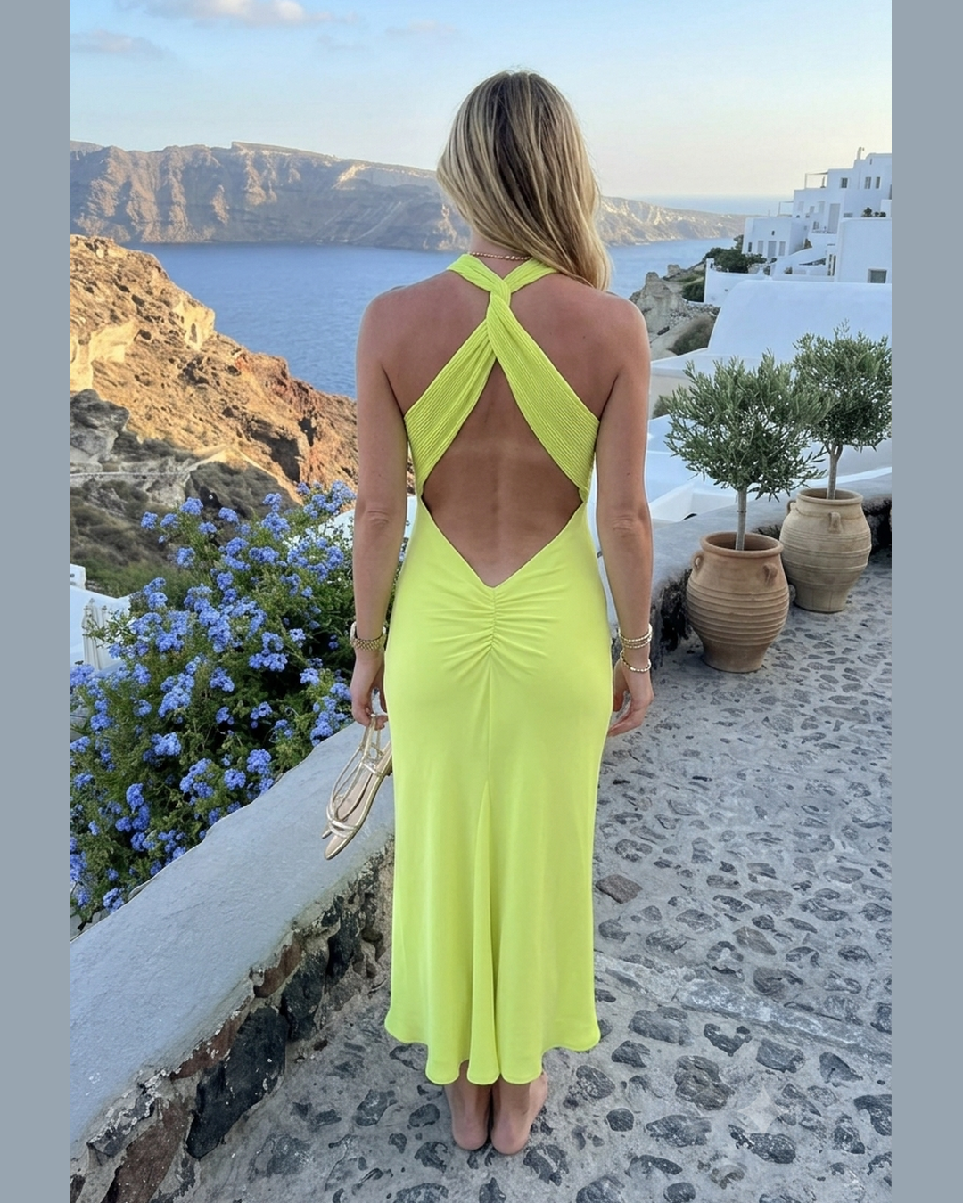 CALYPSO DRESS – Lime Yellow Halter Open-Back Midi Dress – One Size