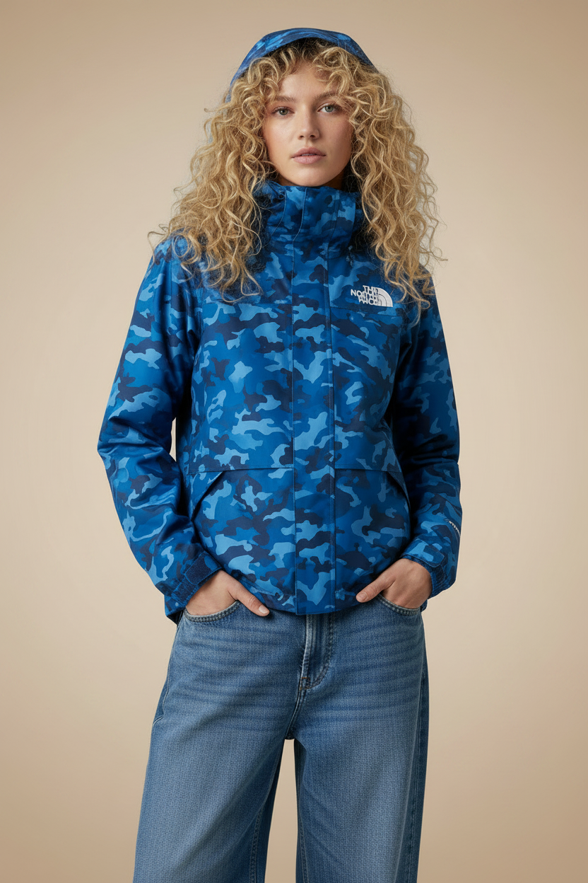 TNF Bear Hoodie Jacket with hood up and blue wide leg jeans