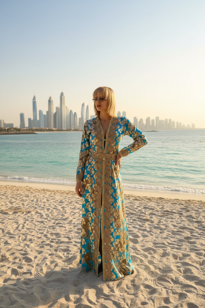 Turquoise Gold Kimono - Dubai Beach