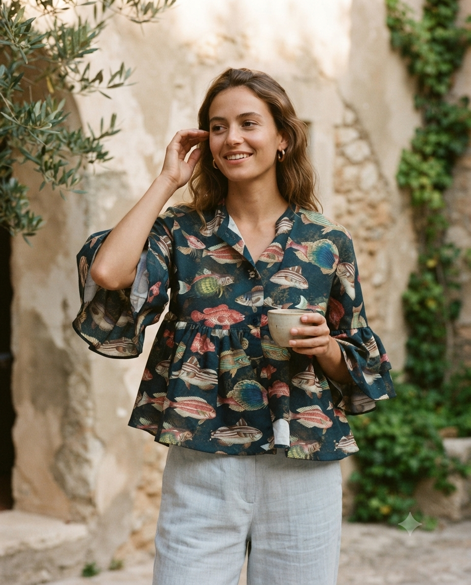 FISHES TOP – Teal Fish Print Blouse with Ruffle Bell Sleeves – One Size