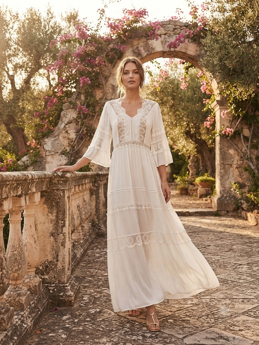 ZINAS WHITE DRESS – White Boho Maxi Dress with Lace Detail & Bell Sleeves – M