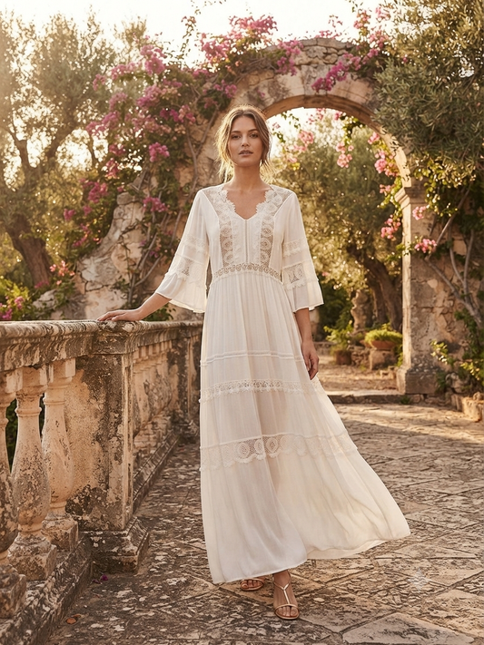 ZINAS WHITE DRESS – White Boho Maxi Dress with Lace Detail & Bell Sleeves – M