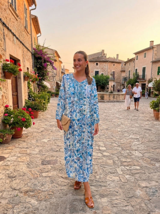 AZURE GARDEN MAXI DRESS – Blue Floral Print Maxi Dress with Button V-Neckline – One Size